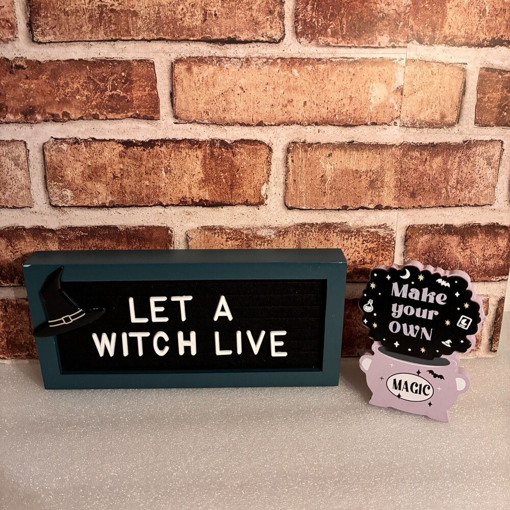 Halloween Block Saying Set Of 2 LET A WITCH LIVE and CAULDRO MAKE YOUR OWN MAGIC